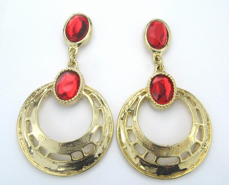 Gold earrings featuring a vibrant AC red acrylic stone, perfect for stylish daily wear or special occasions.