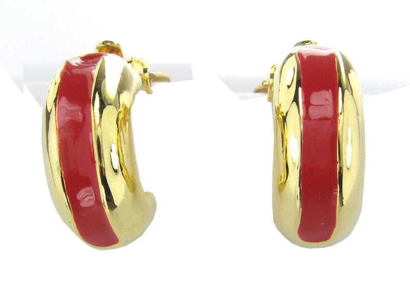 Elegant gold earrings with rhodium finish and vibrant red enamel, perfect for any occasion and designed for comfort.