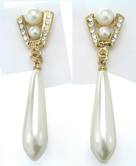 Elegant gold and rhodium pearl drop earrings, perfect for adding luxury to any outfit or occasion.