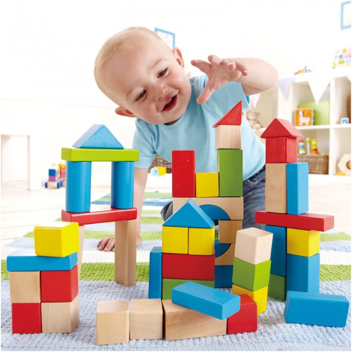 Hape 100 Piece Block Set in a sturdy cardboard bucket, featuring eco-friendly assorted shapes for imaginative play and skill development.