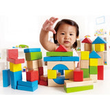 Hape 100 Piece Block Set features colorful shapes for imaginative play, enhancing dexterity and creativity in toddlers.