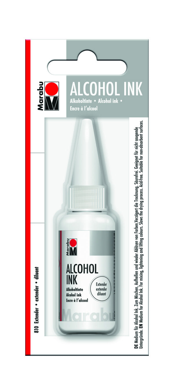 MARABU Alcohol Ink 20ml Extender enhances fluid painting, reactivating dried inks for brilliant colors on non-absorbent surfaces.