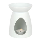 White ceramic oil burner featuring seven chakra symbols, designed for aromatherapy and enhancing home decor.