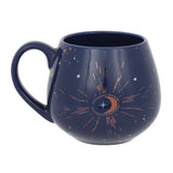 Handcrafted blue crescent moon mug with gold foil details and star accents, perfect for tea or coffee lovers.