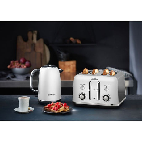 Elegant white Sunbeam Alinea™ kettle with 1.7L capacity, fast boil, and 360° swivel base for easy handling.