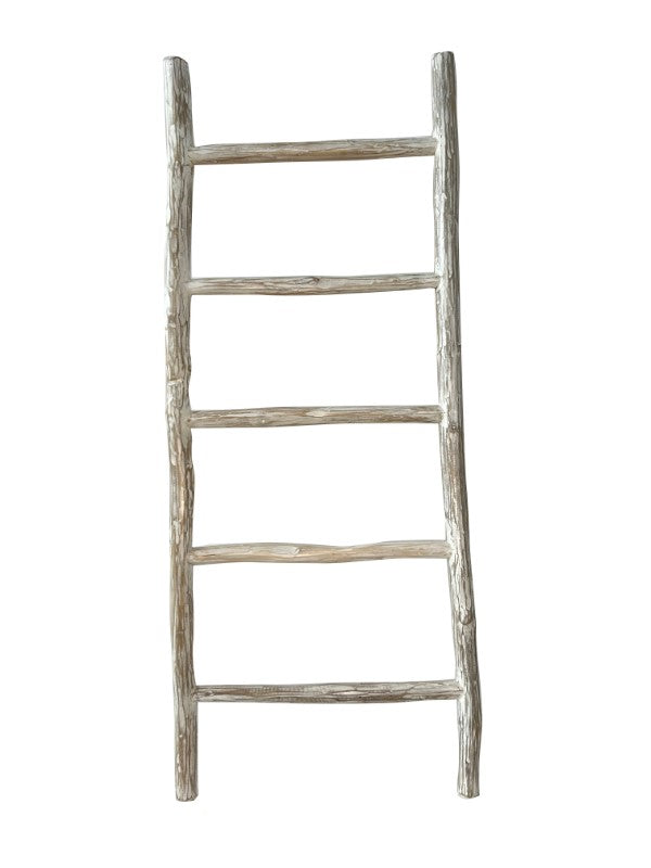 White Lara Ladder shelf measuring 150 x 60cm, perfect for decorative display in modern interiors.