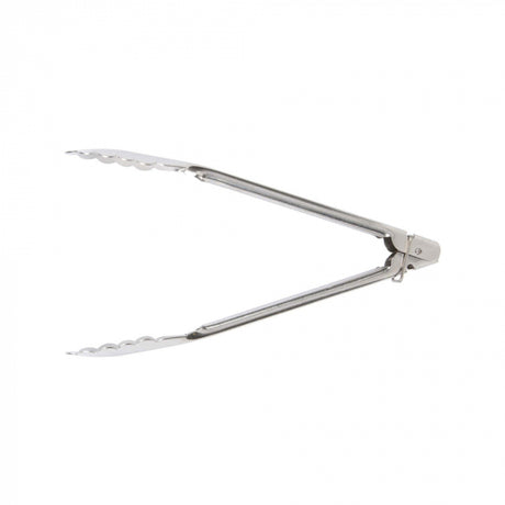 Stainless steel 23cm tongs with scalloped edges, clip for storage, ideal for grilling, frying, and serving.