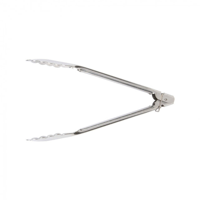 Stainless steel 23cm tongs with scalloped edges, clip for storage, ideal for grilling, frying, and serving.