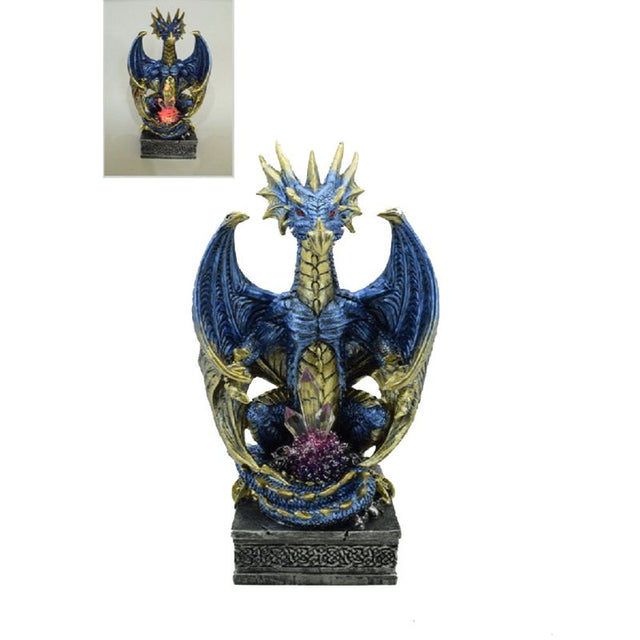 Intricate blue dragon sculpture with LED crystals that change color, hand-painted and perfect for fantasy decor.