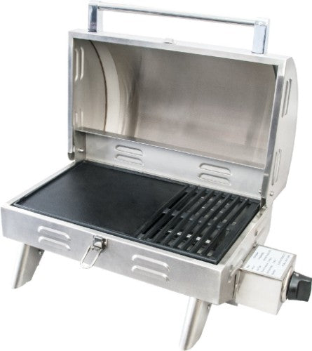 Portable solid stainless steel BBQ with high-performance burner, piezo ignition, and removable drip tray for easy cleaning.