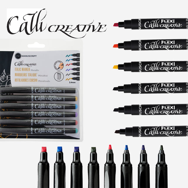 Metallic silver italic marker that enhances calligraphy with shimmering ink for elegant designs on any paper.