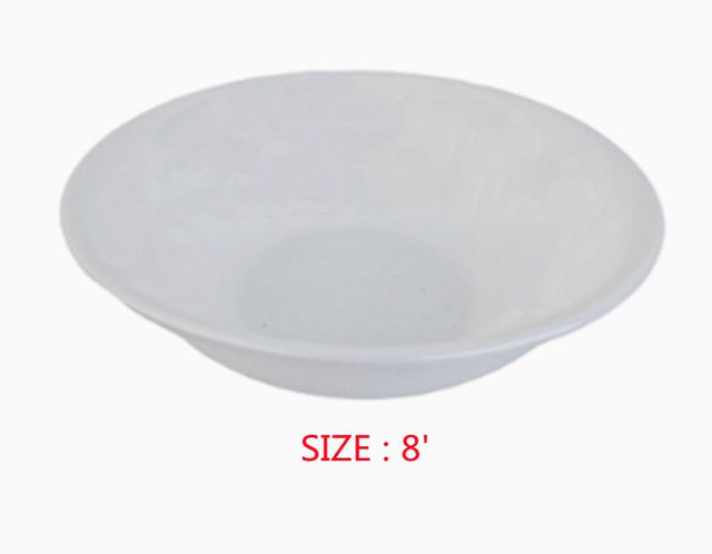 Set of 12 white melamine bowls, 20cm diameter, perfect for any dining occasion and dishwasher safe for easy cleanup.