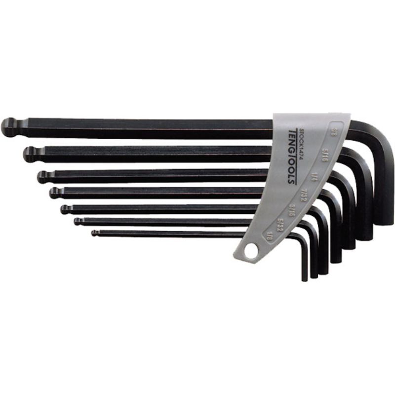 Teng 7pc Ball-End AF Hex Key Set in a holder, featuring chrome vanadium steel keys for precise access at 30° angles.