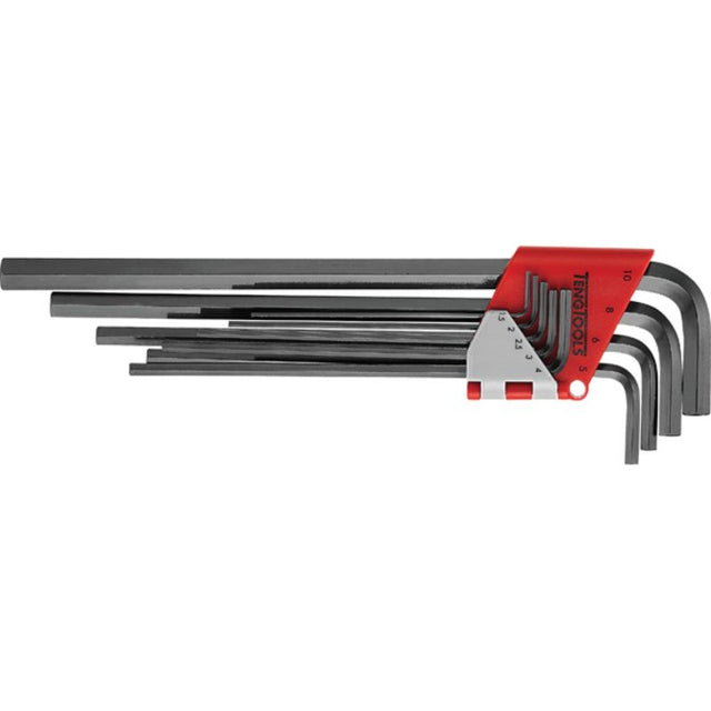 Extra long 9pc metric hex key set, chrome vanadium steel, individually marked sizes 1.5-10mm in a folding plastic holder.