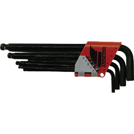 Teng 9pc Ball-End Metric Hex Key Set in folding holder, featuring chrome vanadium keys for 30° access, sizes 1.5-10mm.