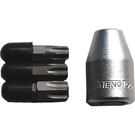 Teng 4pc 1/2in Dr. Torx Bit Set with Tx45, Tx50, Tx55 bits, ideal for precision fastening in DIY and professional projects.