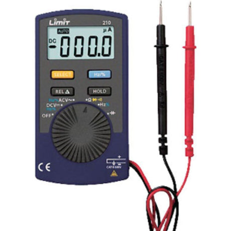 Compact Limit Pocket Multimeter for accurate electrical measurements; features autoranging, diode testing, and lightweight design.