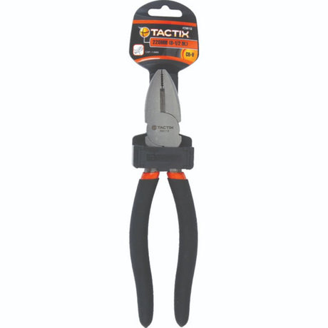 Tactix 8.5in linesman pliers in chrome-vanadium steel, featuring a double-dipped handle for comfort and cutting power.