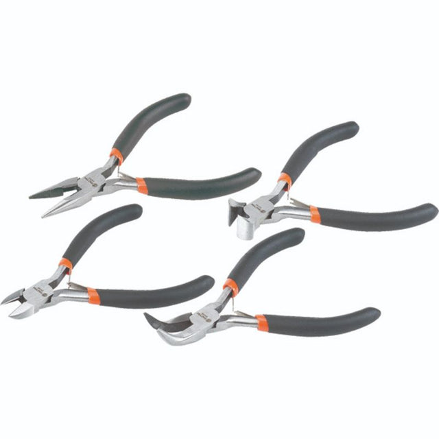 Compact Tactix 4-piece mini plier set for precision tasks, includes long nose, bent nose, diagonal, and end nipper pliers.