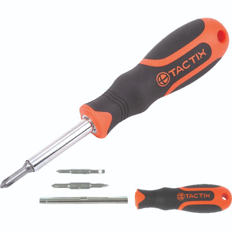 Versatile Tactix 6-in-1 screwdriver with Chrome Vanadium construction and non-slip handle, featuring six interchangeable bits.