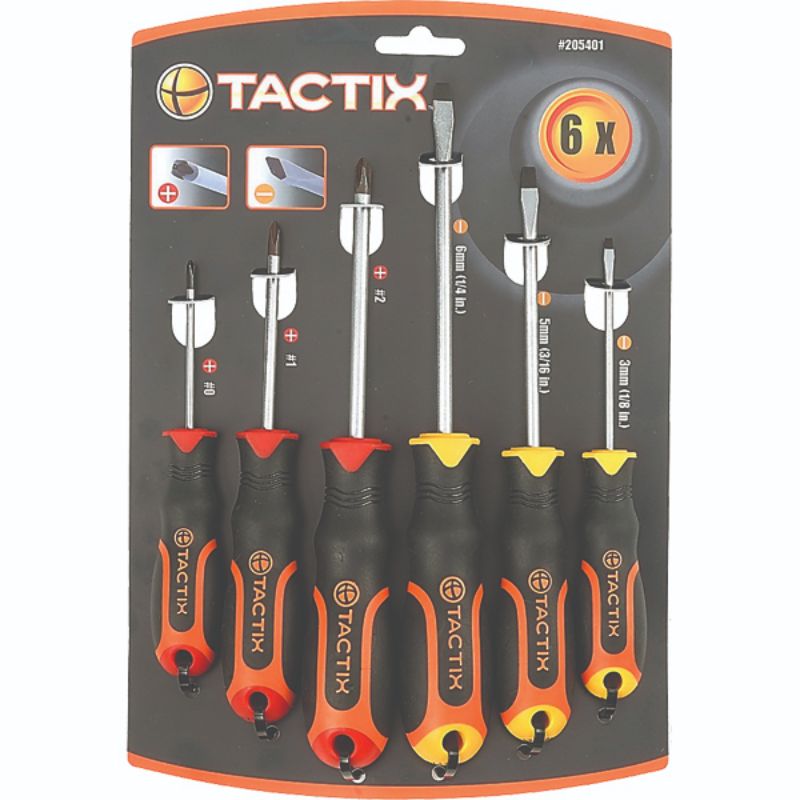 Tactix 6pc screwdriver set featuring Phillips and flat head tools, ergonomic grips, ideal for DIY and professional use.