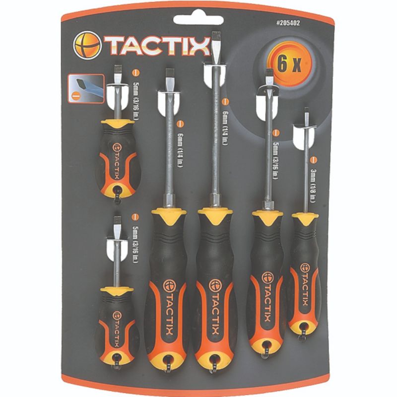 Tactix 6pc Slotted Screwdriver Set featuring durable chrome vanadium steel and comfortable two-color handles for precise control.