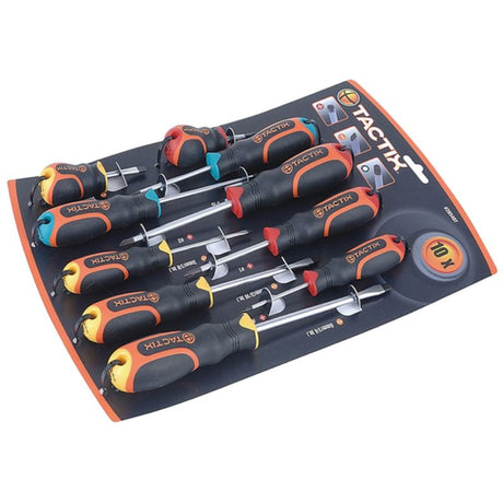 High-quality Tactix 10pc Screwdriver Set with chrome vanadium blades and comfortable two-color handles for various tasks.