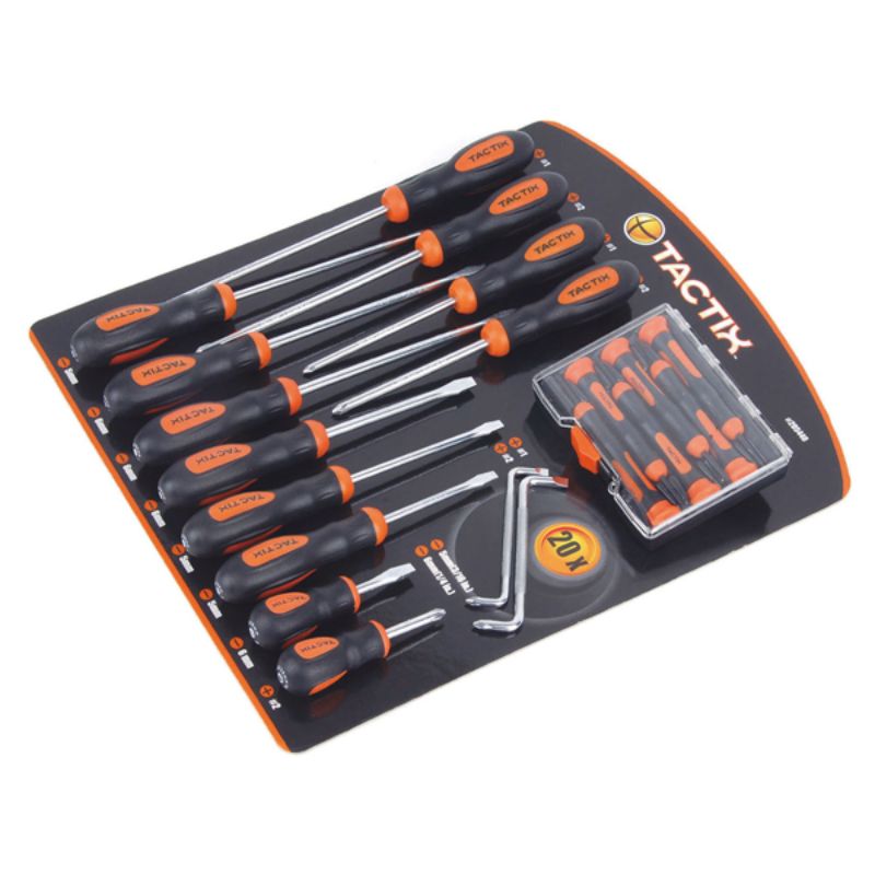 Comprehensive 20-piece Tactix screwdriver set with durable chrome vanadium steel and ergonomic handles for DIY and repair tasks.