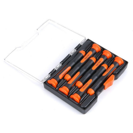 Tactix 6pc Screwdriver Set featuring chrome vanadium steel blades and ergonomic handles, ideal for precision DIY and repairs.