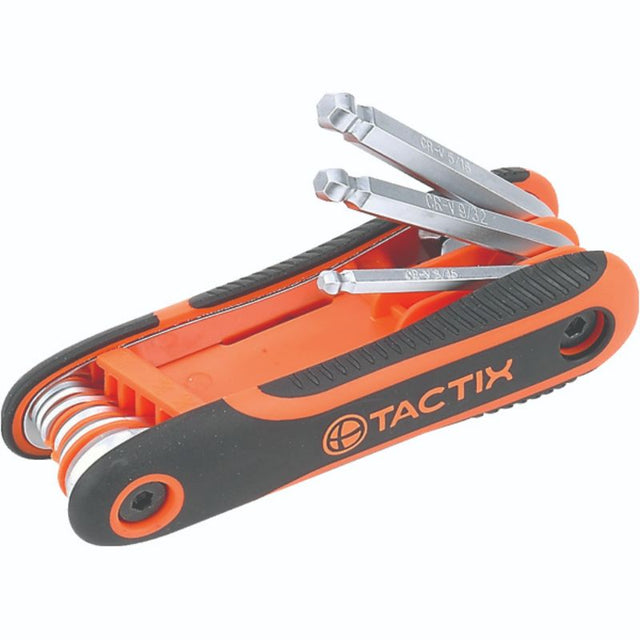 Tactix 8Pc Hex Key Set in chrome-vanadium steel with ball point ends and non-slip handles for versatile, efficient use.