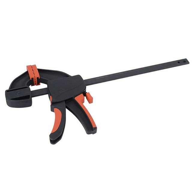 Tactix 150mm trigger clamp with dual-action for one-hand use, featuring a comfortable non-slip handle for easy clamping.