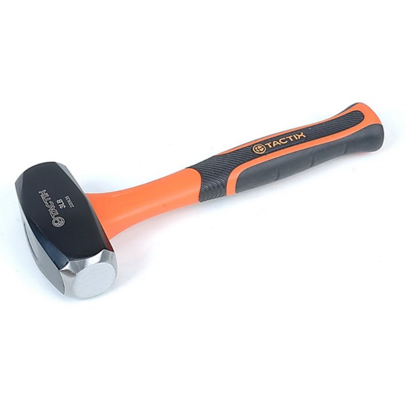 Forged 3lb Tactix hammer with a non-slip fiberglass handle, ideal for driving nails and masonry work. Durable and easy to use.