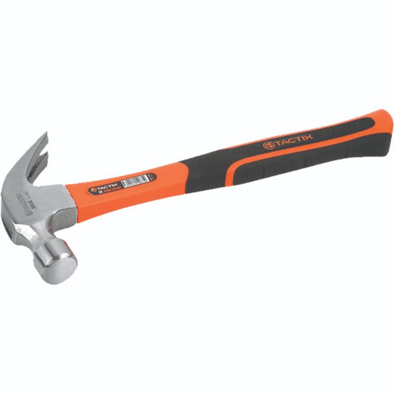 Tactix 450g claw hammer with polished forged head and non-slip fiberglass handle, ideal for DIY and home improvement.