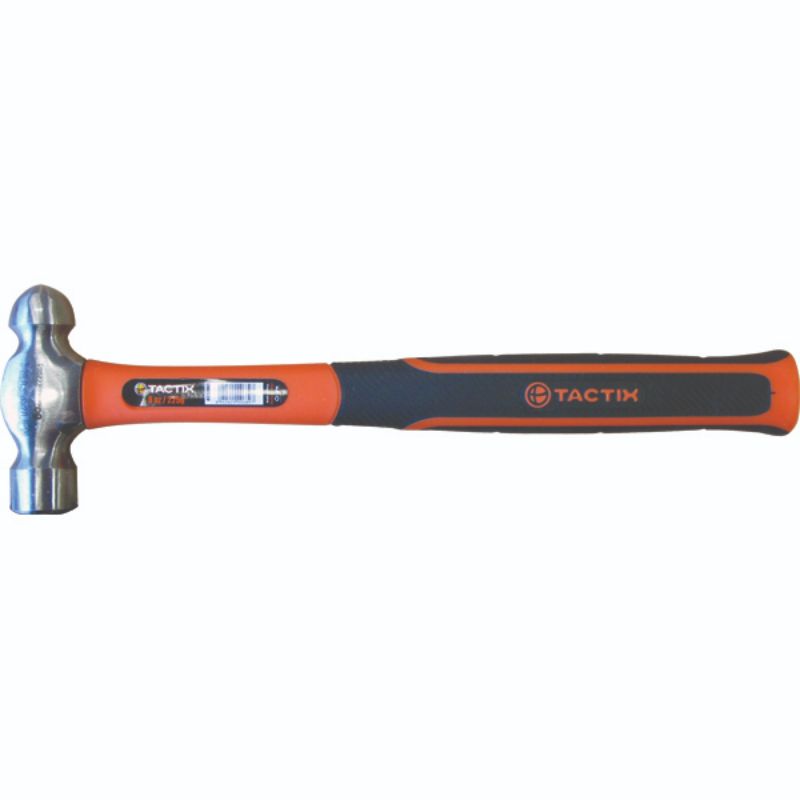 Tactix 8oz ball pein hammer with polished forged head and non-slip fiberglass handle, perfect for metalworking tasks.