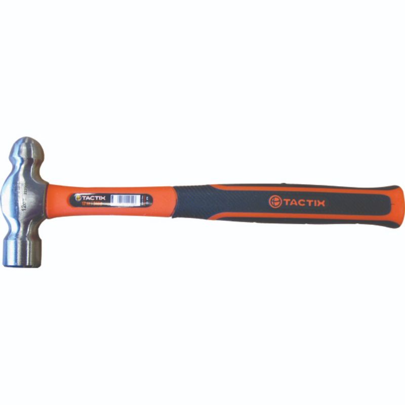 Tactix 12oz ball pein hammer with a polished head and non-slip fiberglass handle, ideal for metalwork and DIY tasks.