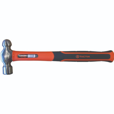 Tactix 16oz ball pein hammer with forged head and non-slip fiberglass handle, ideal for metal shaping and riveting.