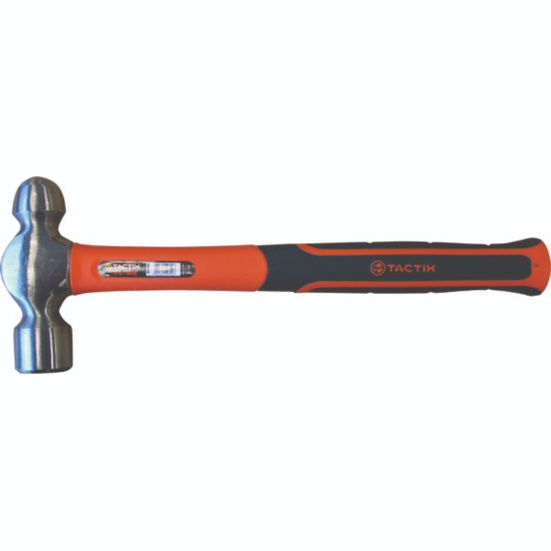 Tactix 24oz fiberglass ball pein hammer with polished head and comfortable non-slip handle, ideal for metalworking tasks.