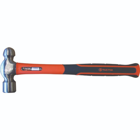 Tactix 32oz ball pein hammer with polished head and non-slip fiberglass handle, ideal for metalworking and striking tasks.