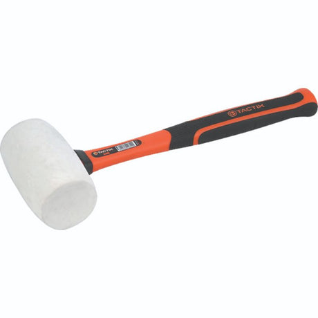 White 65mm Tactix rubber mallet with non-marking head and fiberglass handle, ideal for precision hammering tasks.