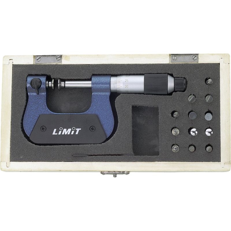 Limit Universal Micrometer w/ Tips 0-25mm for precise measurements, featuring interchangeable tips and easy-to-read scale.