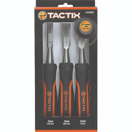 Tactix 3pc Wood Chisel Set featuring chrome-vanadium steel, ergonomic handles, and sizes 13mm, 19mm, and 25mm for precise woodworking.