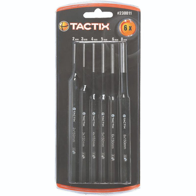 Tactix Punch Pin 6pc Set featuring precision 150mm pins in sizes 2mm to 8mm, ideal for metalwork and woodworking.