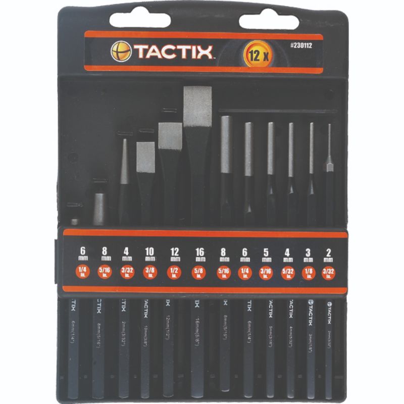 Tactix 12pc Chisel & Punch Set crafted from durable drop forged steel for precision in woodwork and metalwork projects.