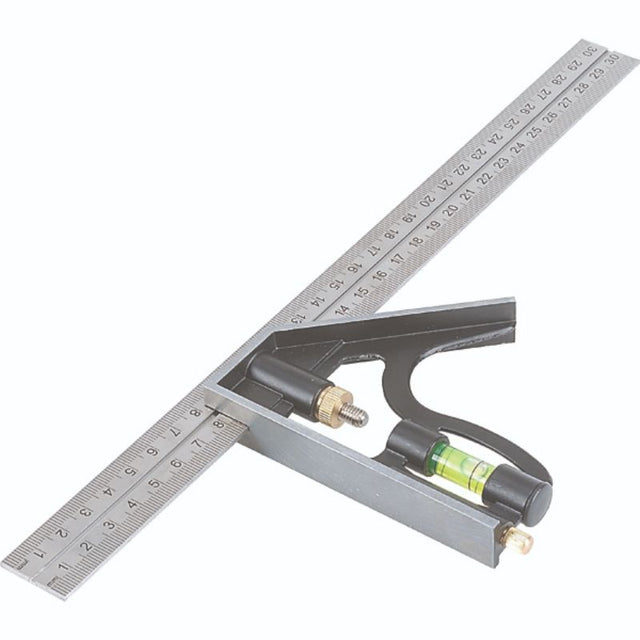 Tactix Combination Ruler 300mm with stainless steel body and die-cast metal handle for precision measuring and marking.