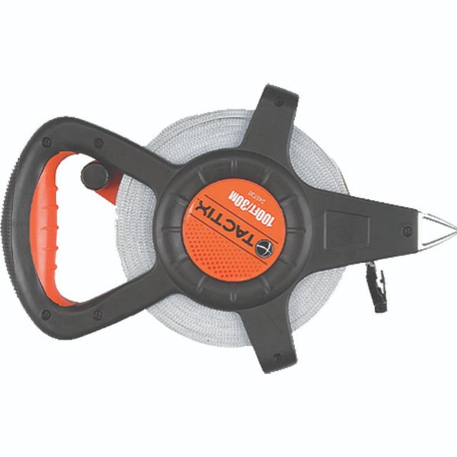 Tactix 30m tape measure with ergonomic handle, fiberglass blade, and durable non-slip case for precise measurements.