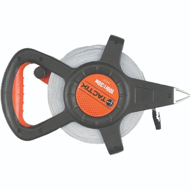 Durable Tactix 60m x 13mm measuring tape with soft handle, fiberglass blade, and non-slip bi-material case for accurate measurements.