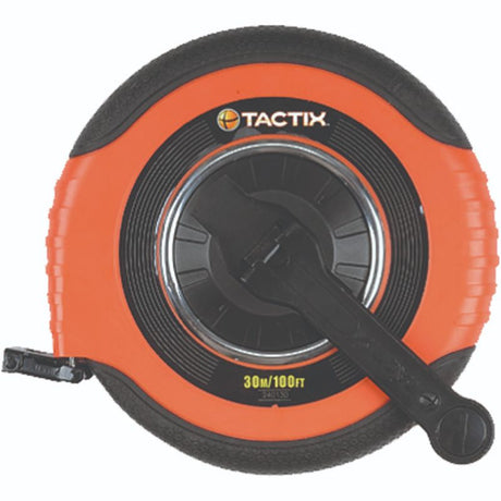 Durable Tactix Long Tape Measure with soft handle, 33ft length and 15mm width, ideal for accurate indoor and outdoor measurements.