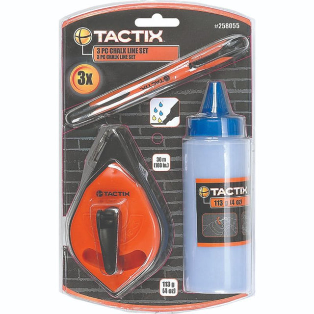 Tactix Chalk Line 3pc Set with 30m chalk box, blue chalk refill, and black marker for precise marking in DIY and professional projects.