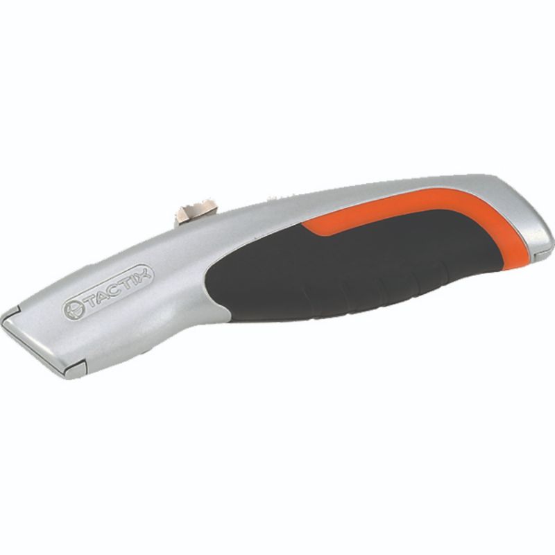 Heavy-duty Tactix utility knife with ergonomic zinc alloy handle, five SK5 blades, and quick-change mechanism for versatile cutting tasks.