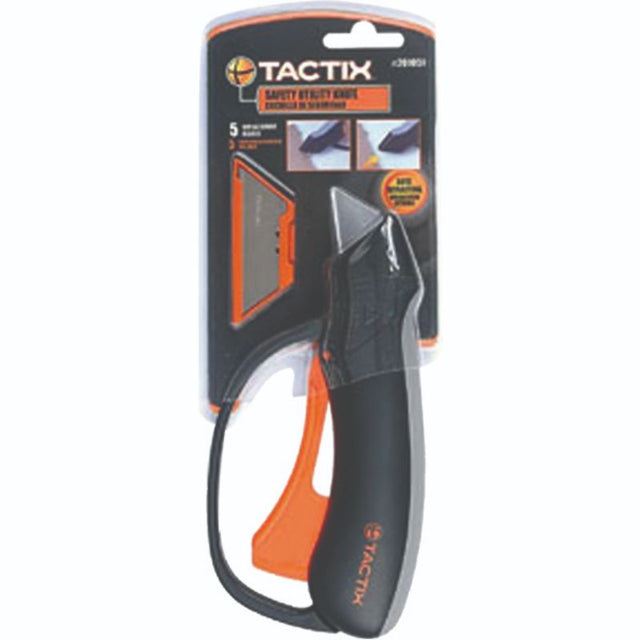 Tactix Knife Safety Utility with auto-retractable blade, large non-slip handle, and 5 durable SK5 blades for safe cutting.